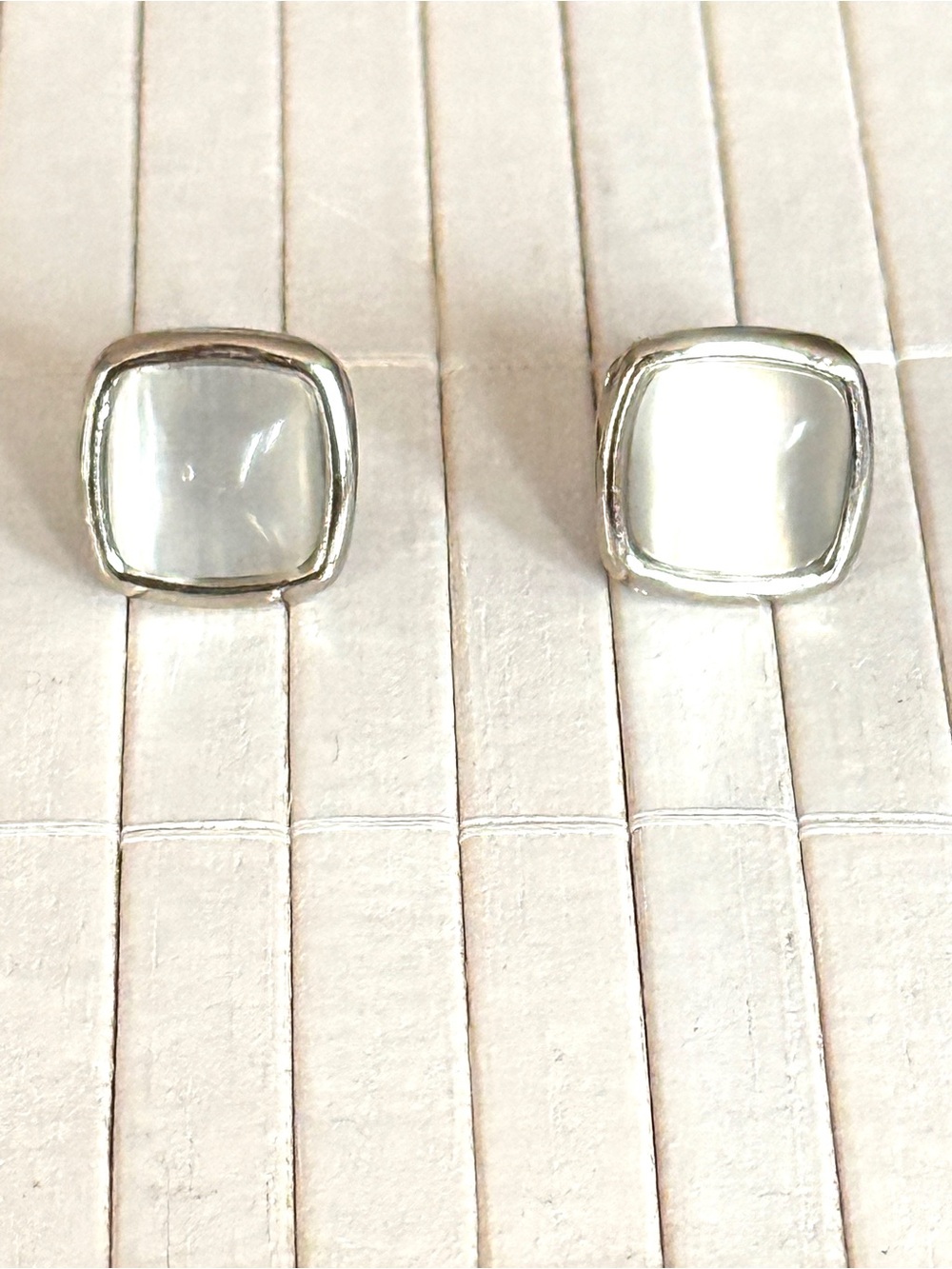 Vintage Silver Tone Square Cufflinks Faux Opal White Clear Men’s Dress Formal